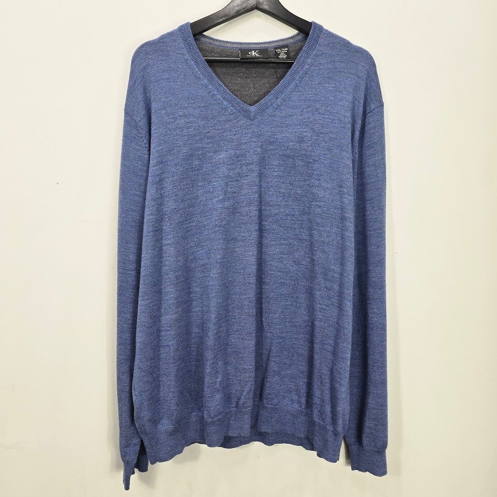 NWT Calvin Klein Blue V Neck Long Sleeve‎ Knit Sweater Large 100% Merino Wool